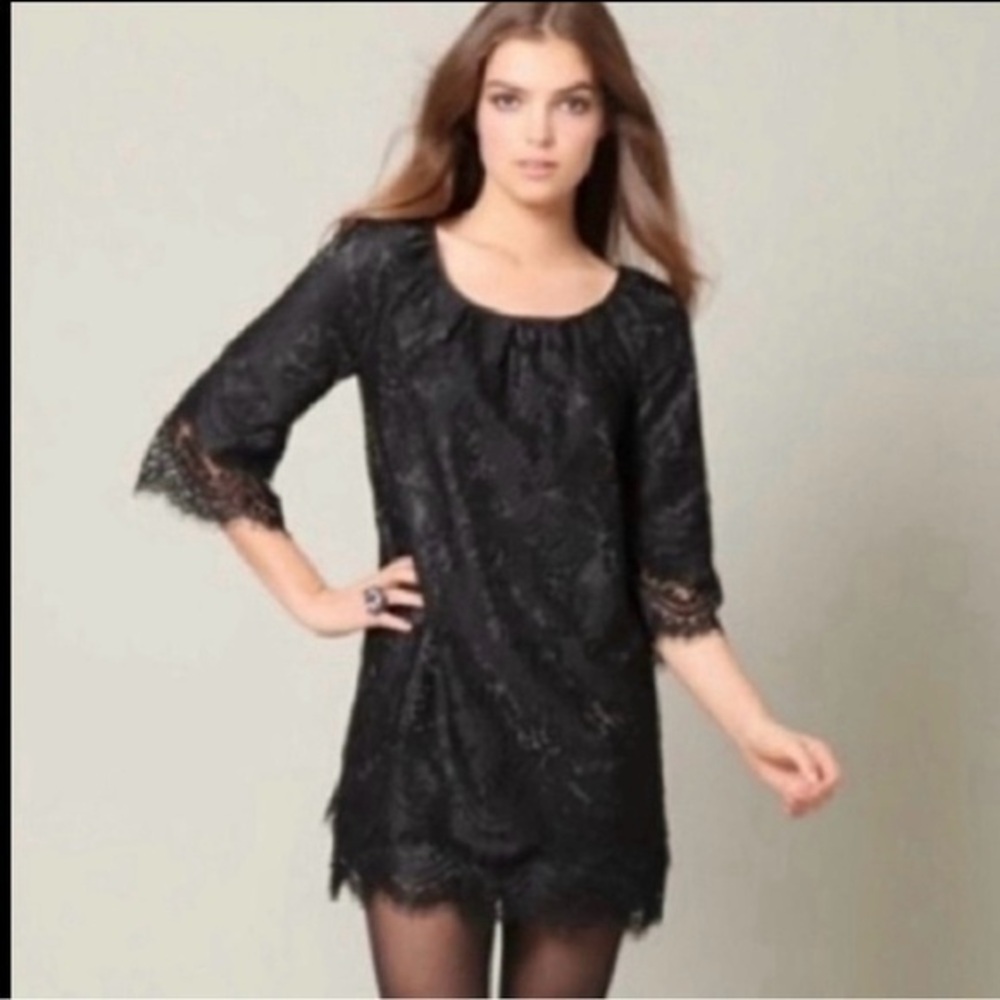 Leifsdottir Lace Shift Dress Black Size 8 3/4 Sleeves Anthropologie